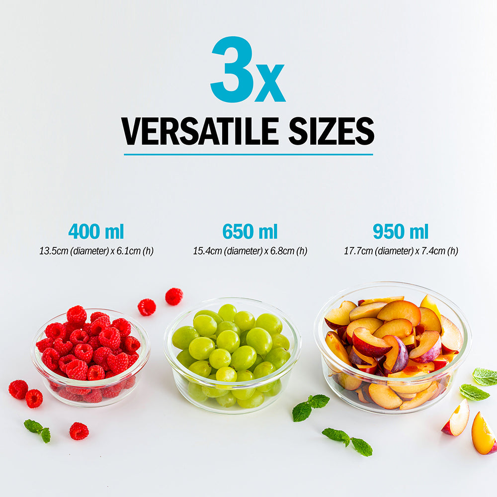 Glass Stackable Round Containers - 950ml, 650ml & 400ml - 3 PACK