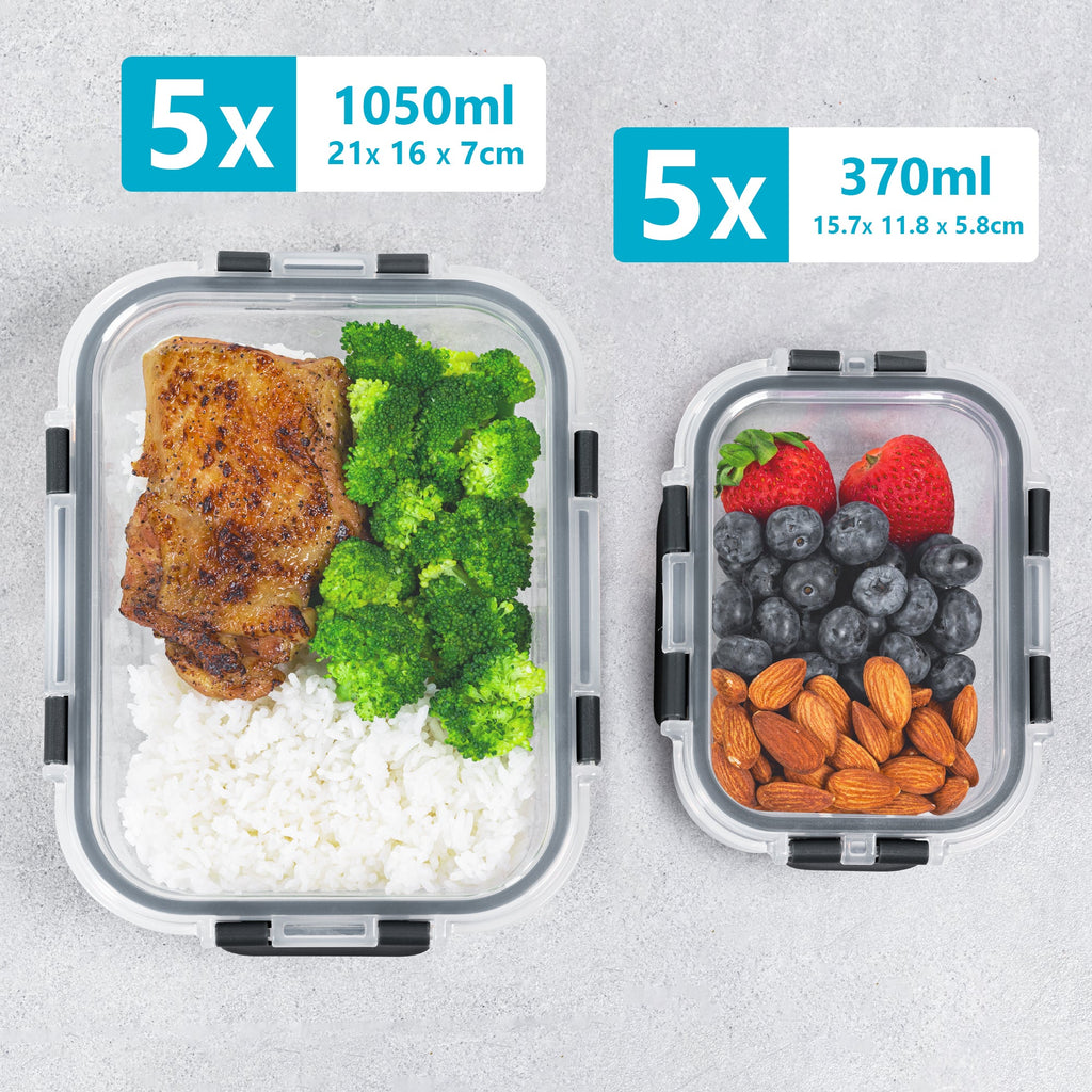 Glass Food Storage Containers In 2 Sizes - 1050ml and 370ml - 10 Pack
