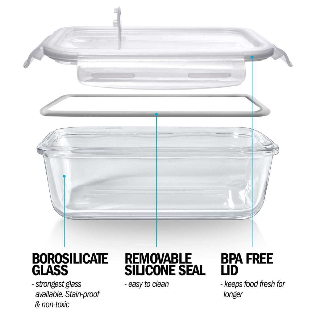 1-Compartment Glass Containers with Steam Vent Lids - 840ml - 5 PACK + 1 extra lid