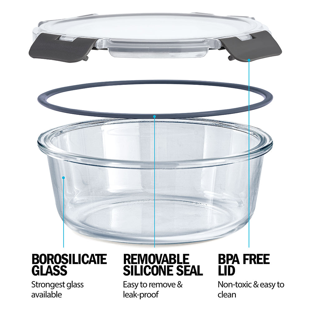 Glass Stackable Round Containers - 950ml, 650ml & 400ml - 3 PACK