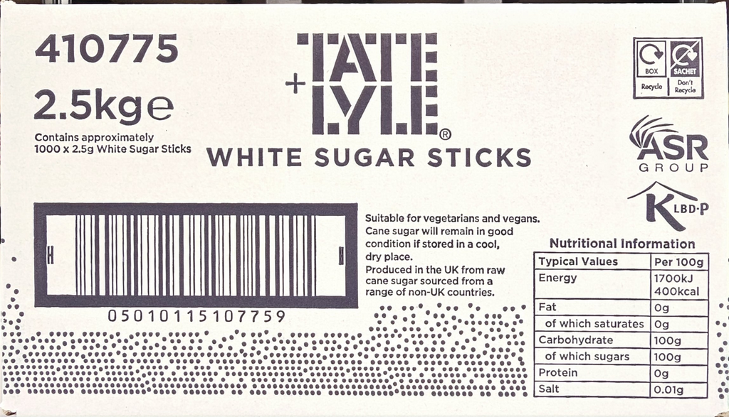 Tate & Lyle White Sugar Sticks – 1000 Sachets (2.5g Each) – 2.5kg Box