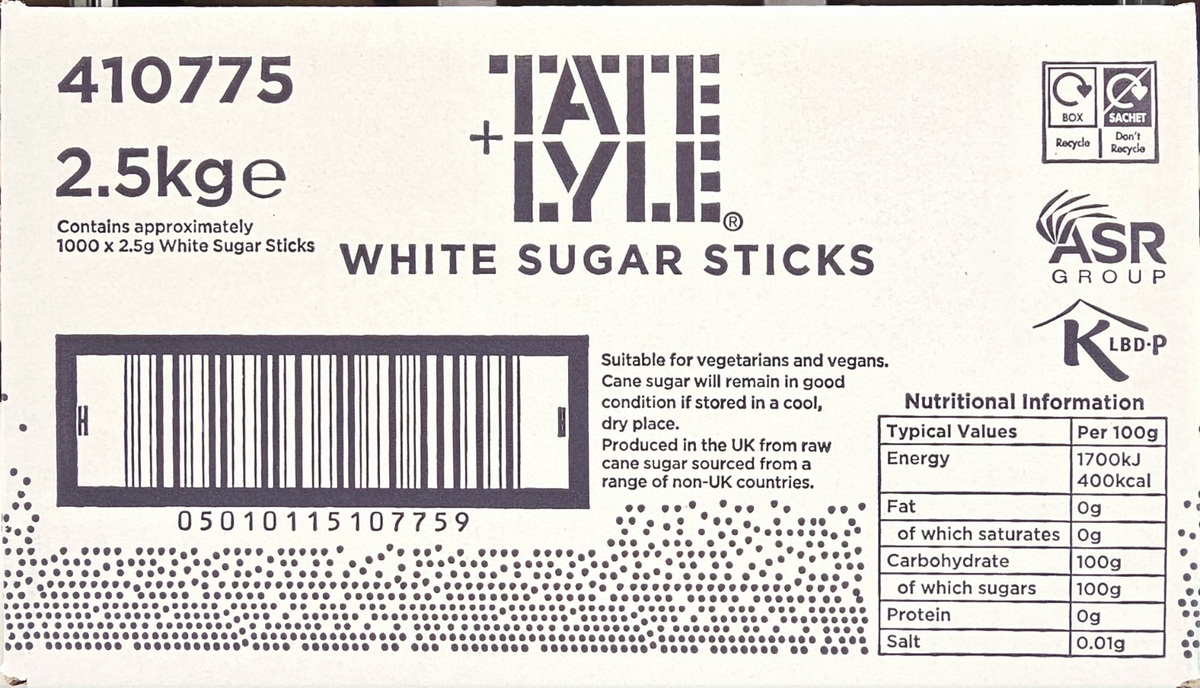 Tate & Lyle White Sugar Sticks – 1000 Sachets (2.5g Each) – 2.5kg Box