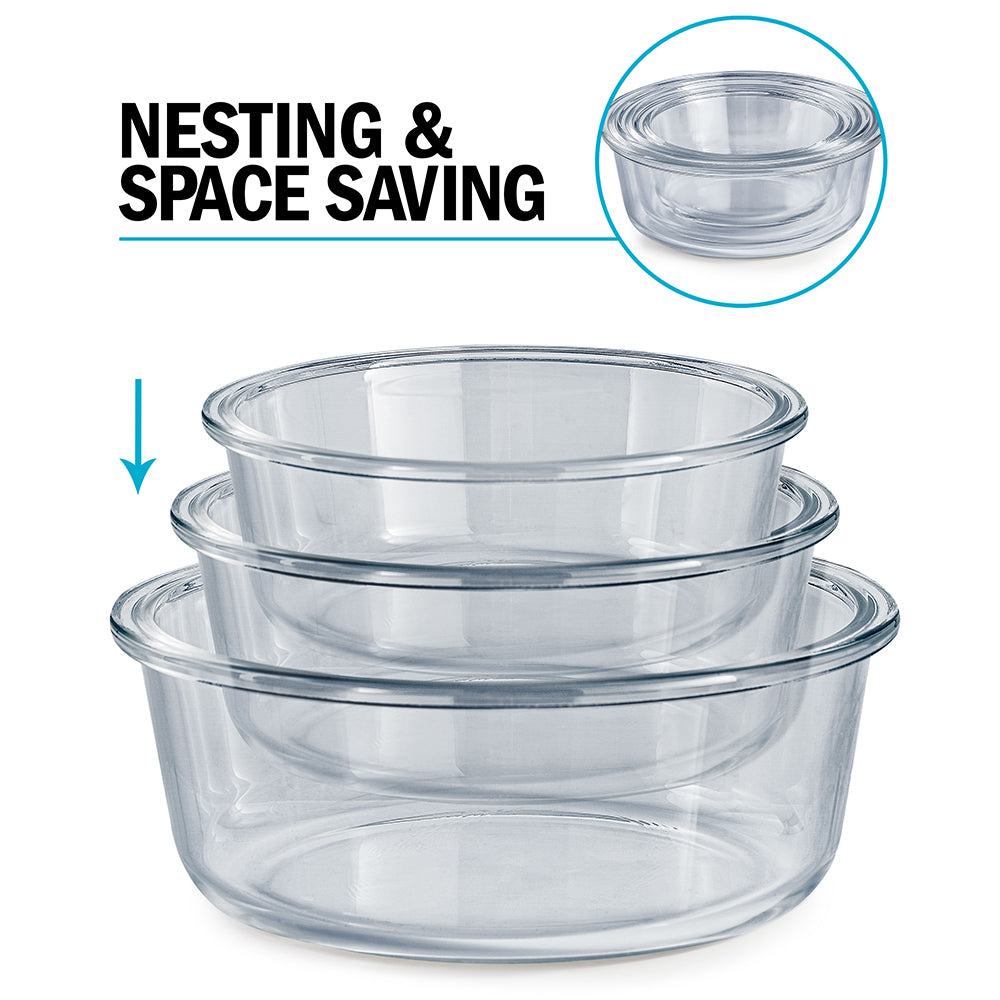 Glass Stackable Round Containers - 950ml, 650ml & 400ml - 3 PACK