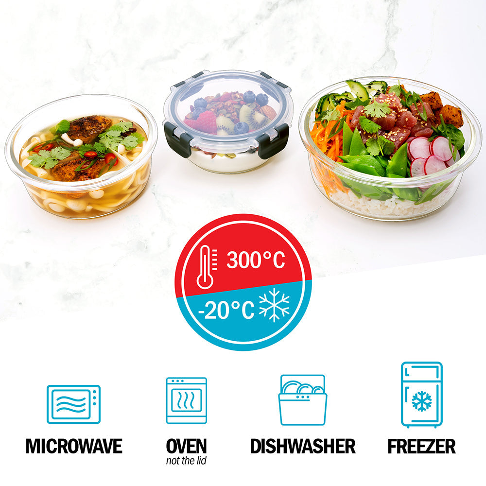Glass Stackable Round Containers - 950ml, 650ml & 400ml - 3 PACK
