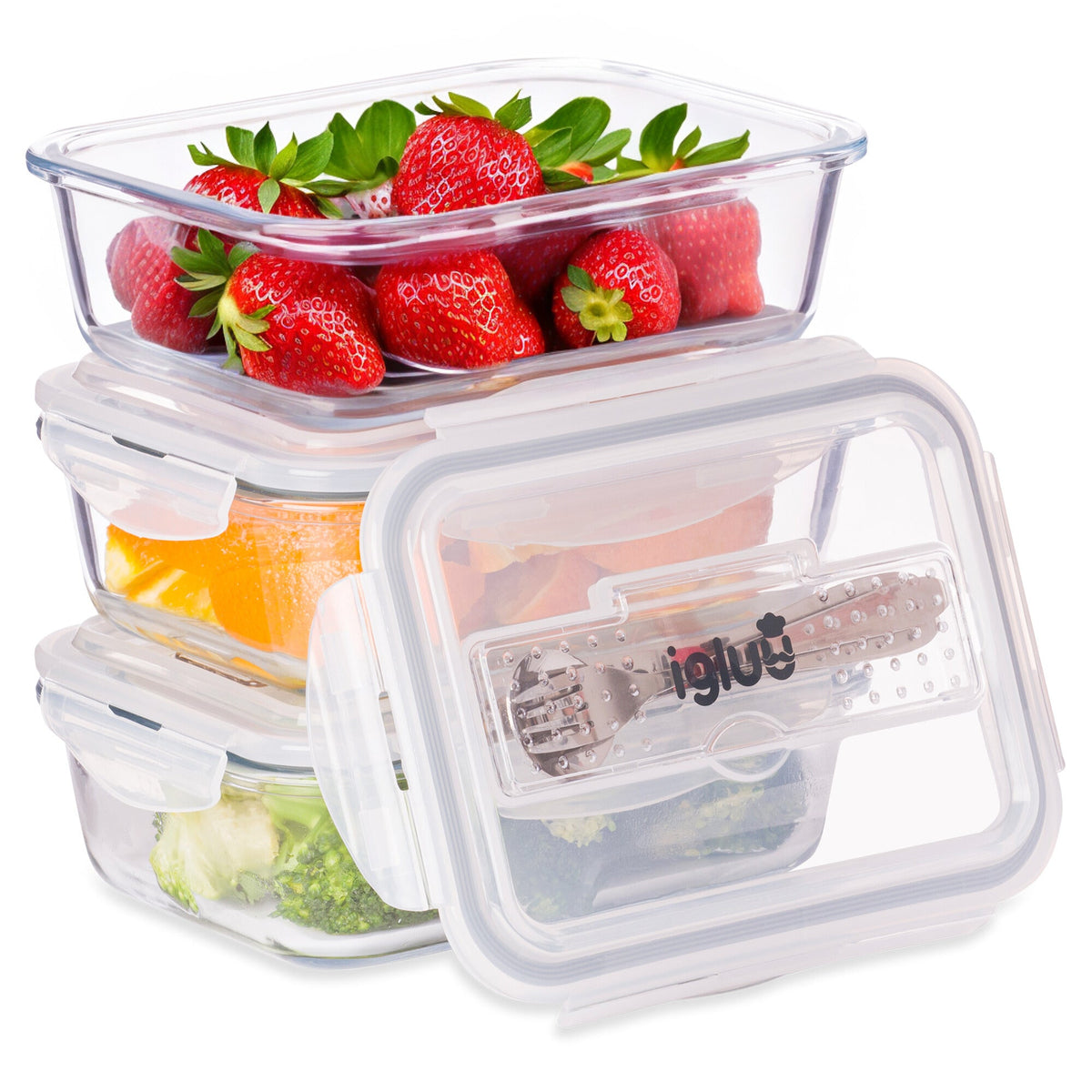 Glass Containers with Cutlery Lid - 1050 ml - 3 PACK