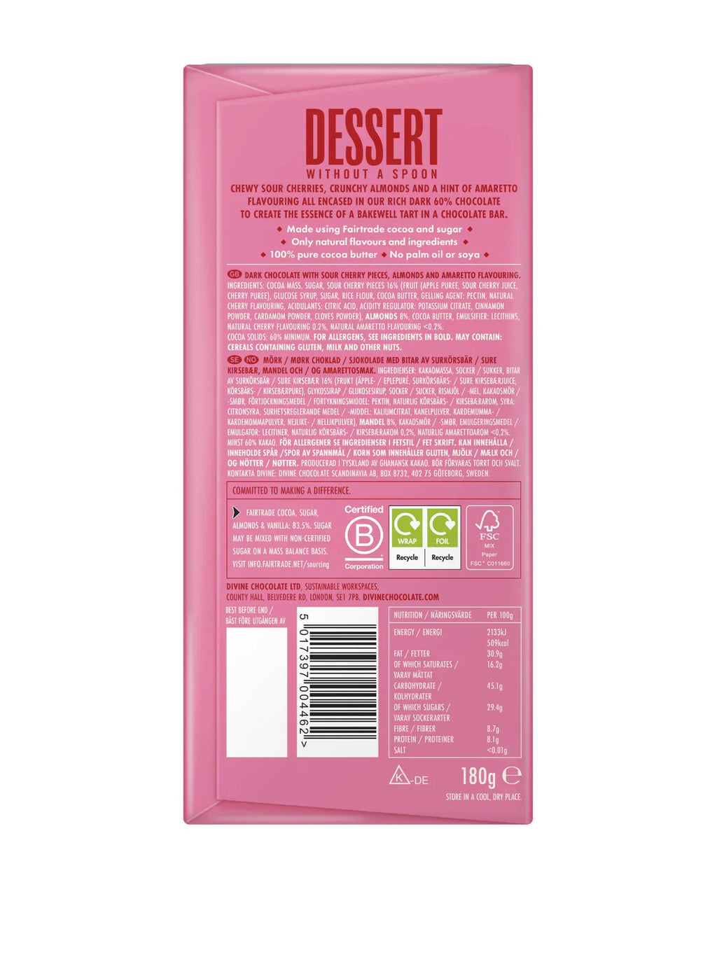 60% Dark Chocolate Bakewell with Cherry & Almond - Divine Chocolate - 180g