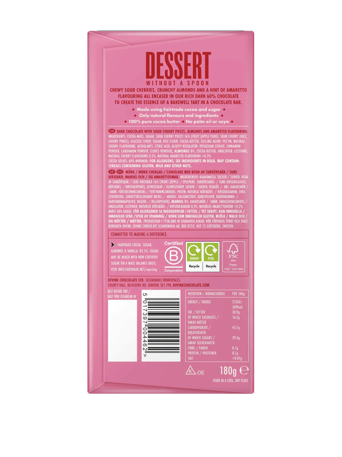 60% Dark Chocolate Bakewell with Cherry & Almond - Divine Chocolate - 180g