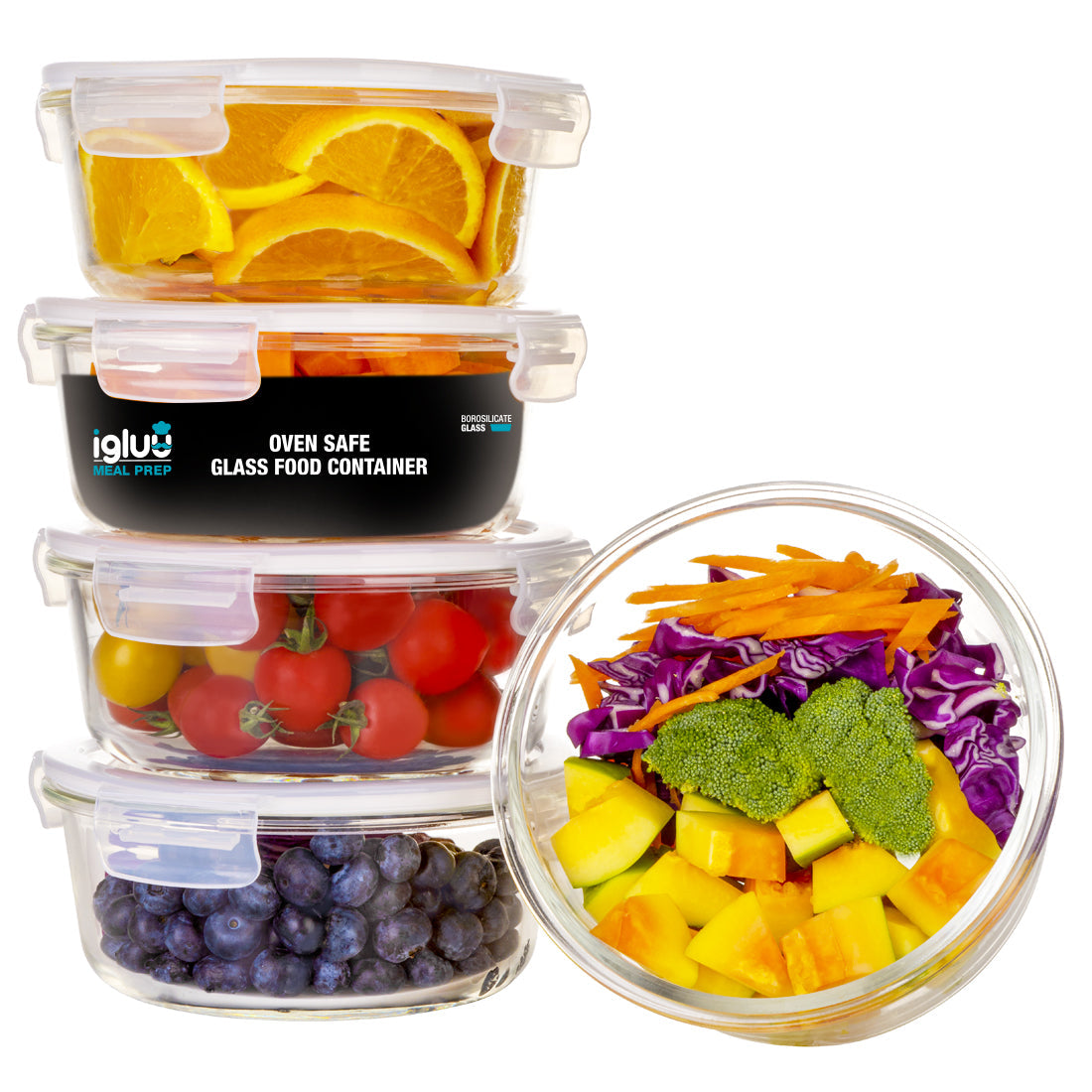 Round Glass Containers with Steam Vent Lid - 950ml - 5 PACK + 1 extra lid