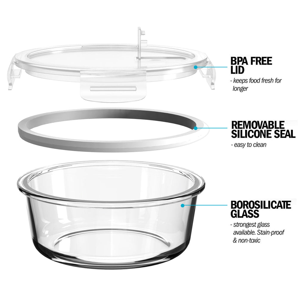Round Glass Containers with Steam Vent Lid - 950ml - 5 PACK + 1 extra lid
