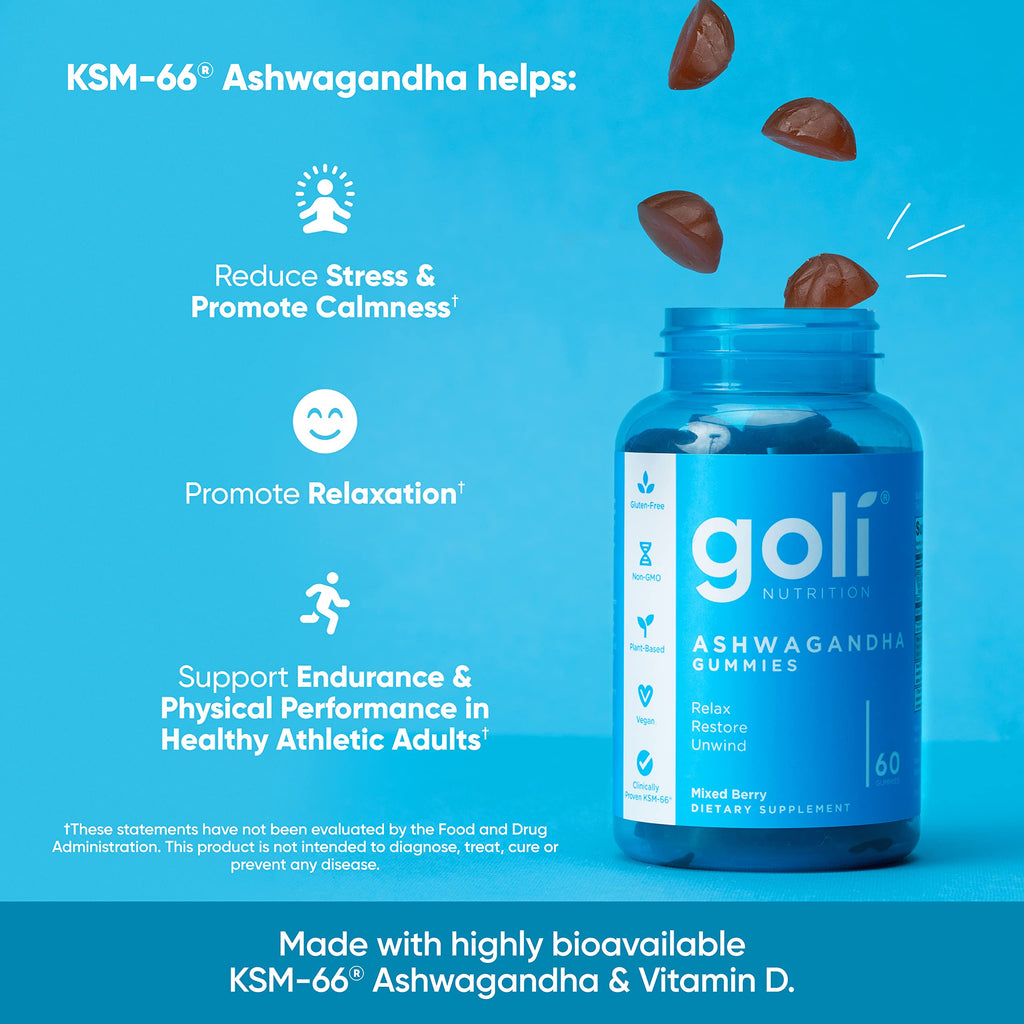 Goli Ashwagandha & Vitamin D Gummies – 180 Count, Mixed Berry, Vegan, Pack of 3