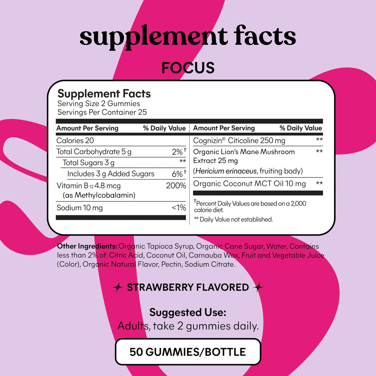 Lemme Focus Gummies – Cognizin, Lion’s Mane & B12 for Focus (50ct, Strawberry)
