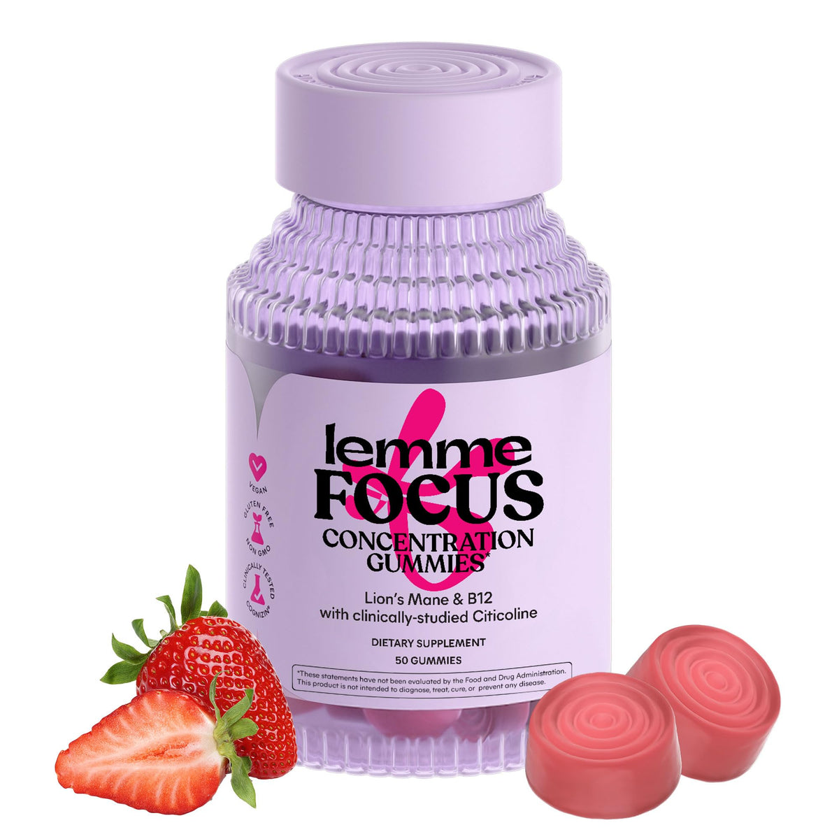 Lemme Focus Gummies – Cognizin, Lion’s Mane & B12 for Focus (50ct, Strawberry)