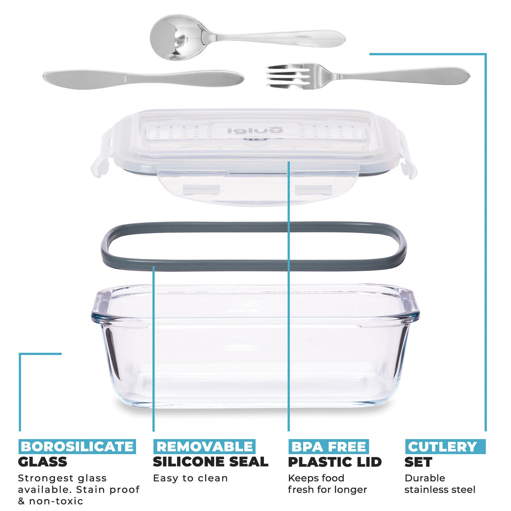 Glass Containers with Cutlery Lid - 1050 ml - 3 PACK