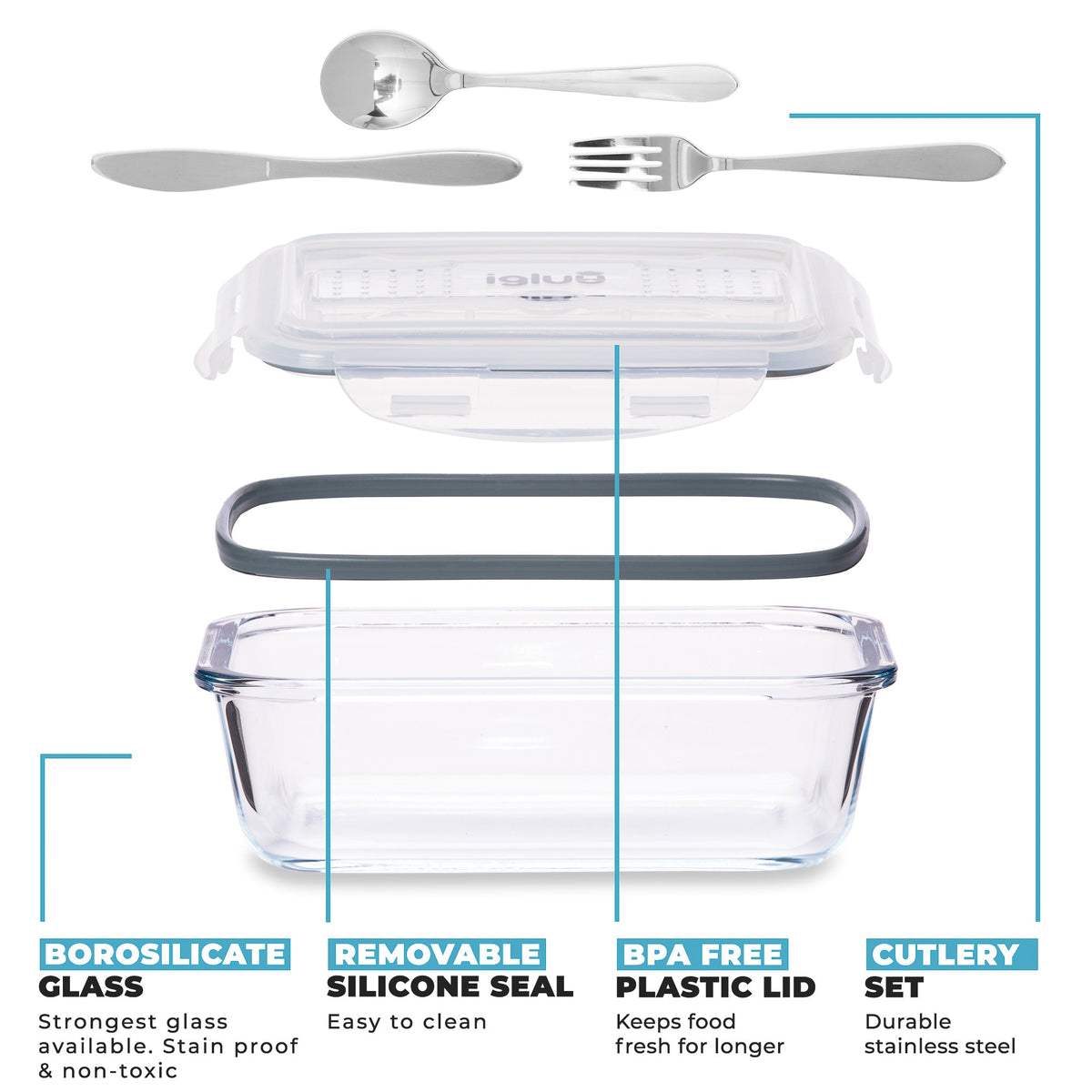 Glass Containers with Cutlery Lid - 1050 ml - 3 PACK