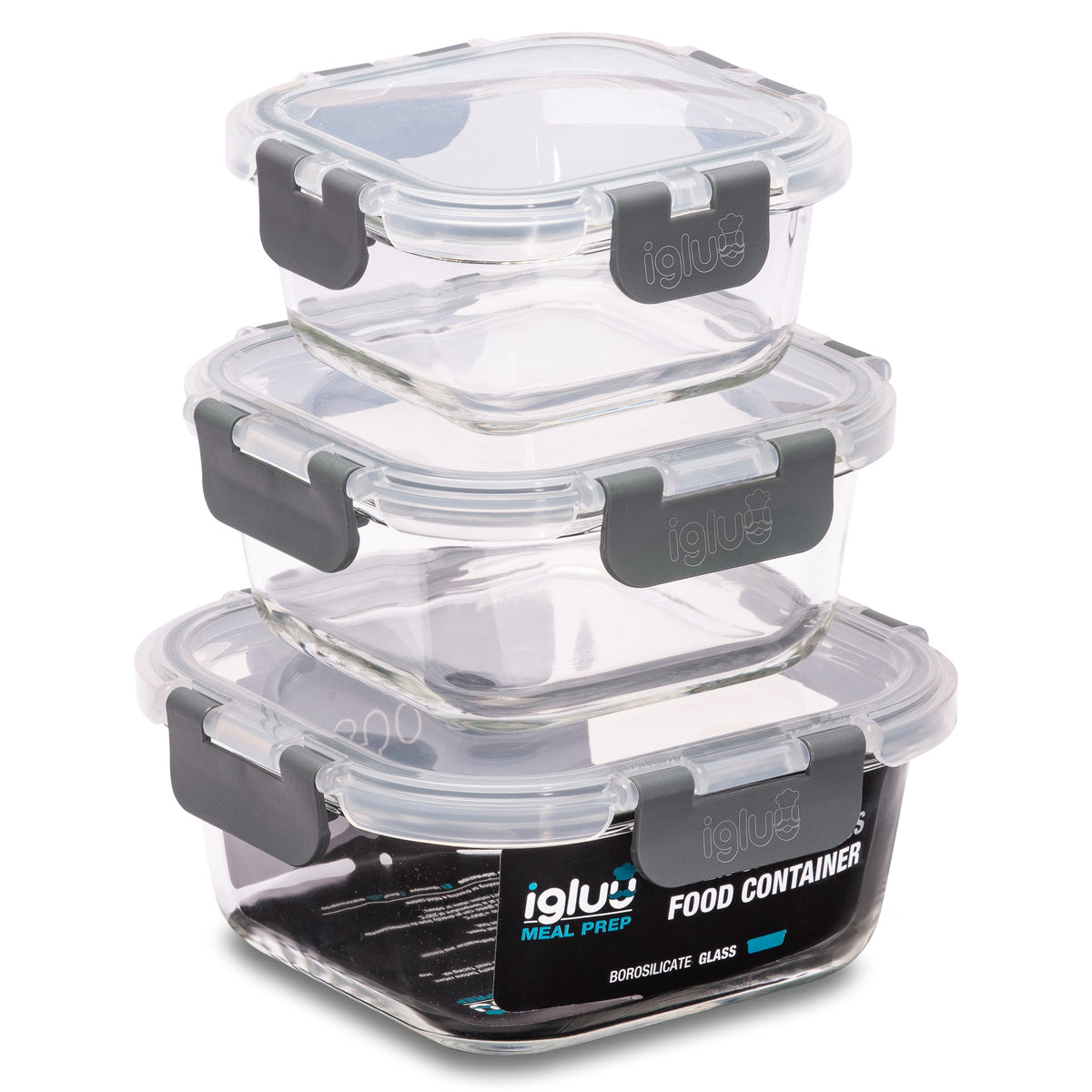 Glass Stackable Square Containers - 800ml, 520ml & 320ml - 3 PACK