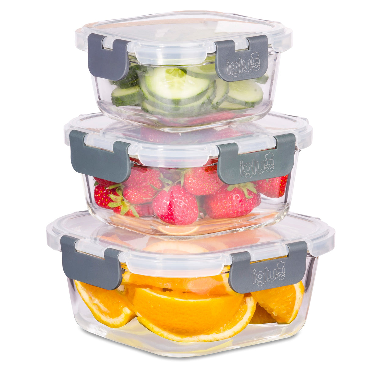 Glass Stackable Square Containers - 800ml, 520ml & 320ml - 3 PACK