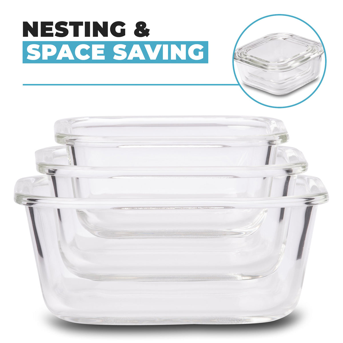 Glass Stackable Square Containers - 800ml, 520ml & 320ml - 3 PACK
