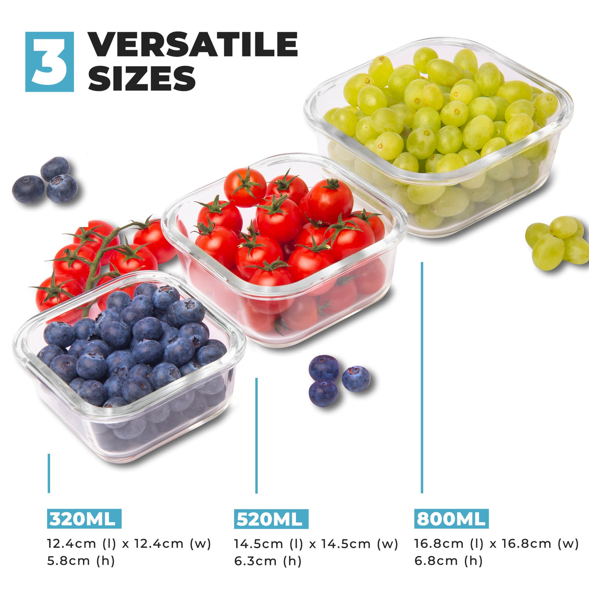 Glass Stackable Square Containers - 800ml, 520ml & 320ml - 3 PACK